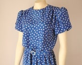 Vintage. 80's Blue Floral Dress. Day Dress. Secretary. Short Sleeves. White Flowers. Pink Polka Dots. Belted. Retro. Medium Large 10 12