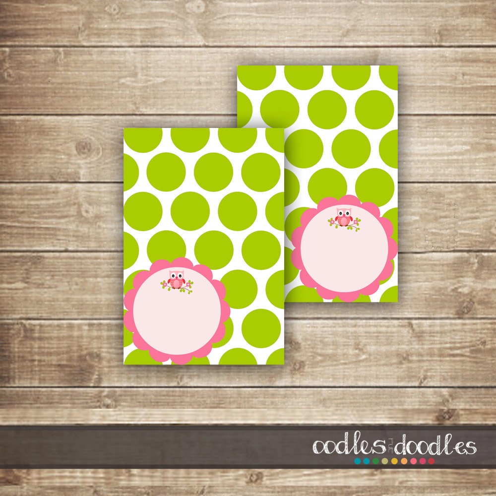 Pink & Lime Green Owl Tent Cards / Polka Dots Tent Cards / Food label Printable Tent Cards - INSTANT DOWNLOAD - Printable