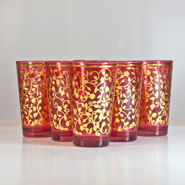 Moroccan Style Glasses Cups, Traditional Nana Mint Tea Serving Glasses, Islamic Glasses, Colorful Glasses in Red & Gold Shades