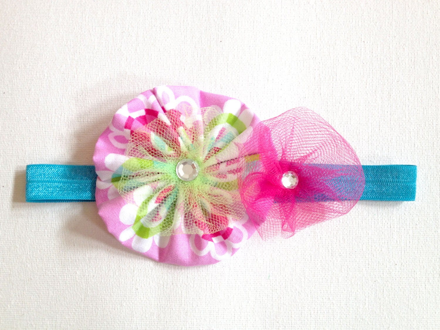 Flower Headband-Turquiose Pink and Green Yoyo Flower Headband- Baby Toddler Child