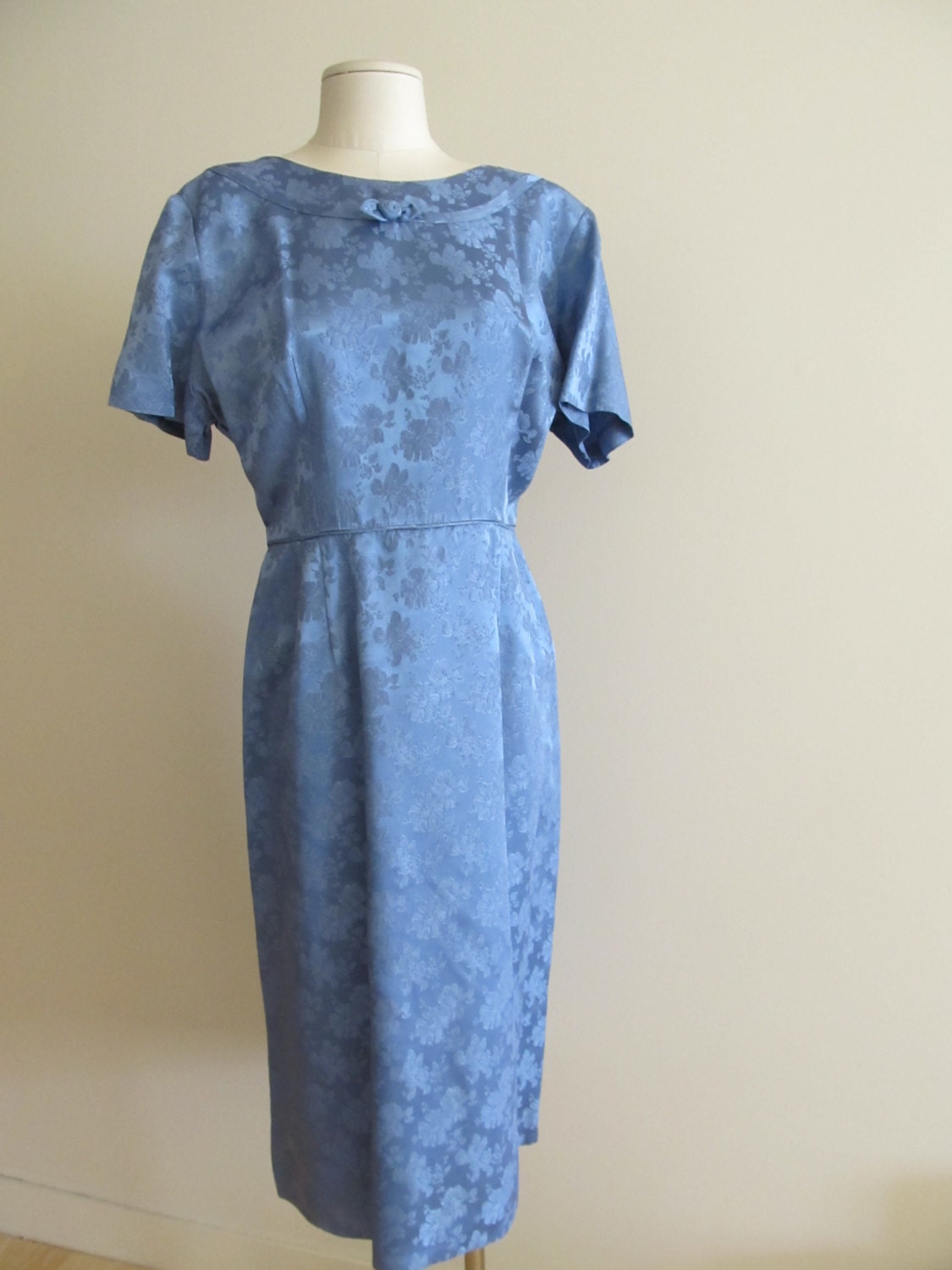 Vintage 1950's beautiful Audrey Hepburn style blue silk brocade dress L