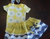 Spring yellow and grey onesie with double layer skirt and matching headband