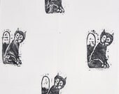 Fox Tea Towel - Lino Printed by Hand - Black Foxes White British Cotton Teatowel - Cute, Quirky & Unique Kitchenware - Under 15 pounds
