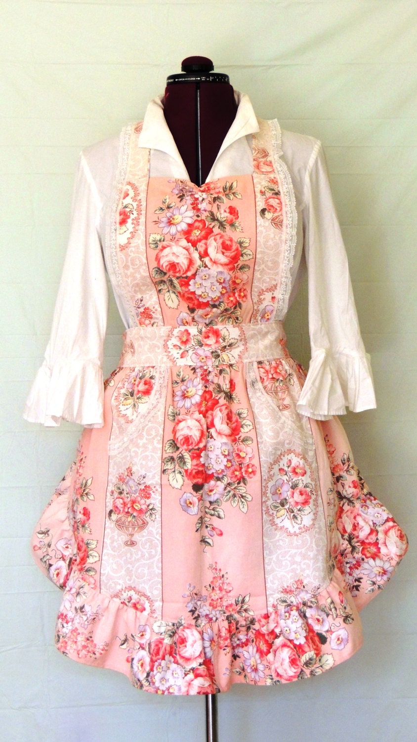womens full  apron cottage chic apron  upcycled apron shabby chic apron ruffled  pink rose lace apron .