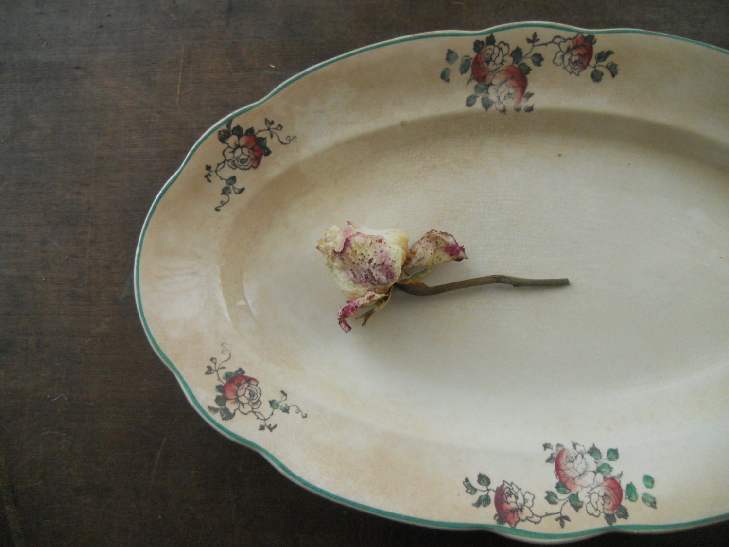 Vintage Swedish GEFLE plate Antique Oval serving plate White pink green floral plate Shabby floral plate