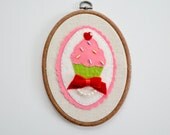 Cute vintage cupcake embroidery in a wooden hoop