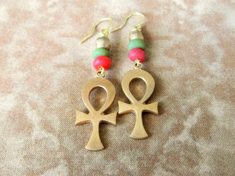 Brass Ankh Earrings Key of Life Earrings - Green Red - Boho Jewelry Bohemian Jewelry Hippie Jewelry Ethnic Jewelry Tribal Jewelry