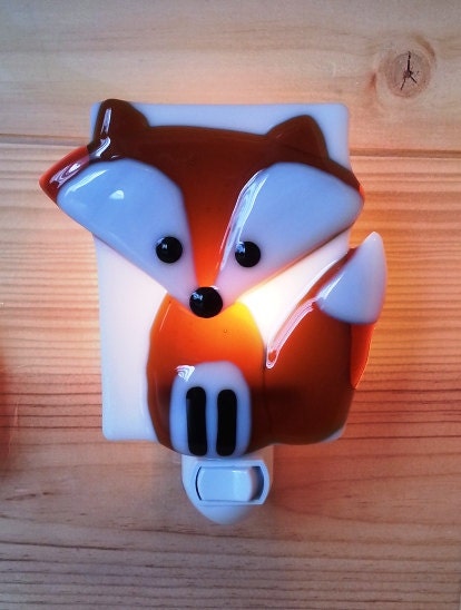 Nightlight, fox, fused glass, baby room decoration, nursery, shower gift, kid room, children