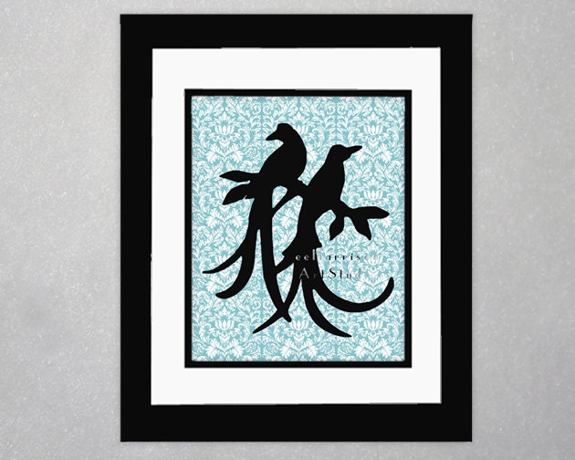 Birds of paradise Silhouette Love birds Wedding gift Modern art print Damask pattern Pale blue Bedroom wall decor Love Print