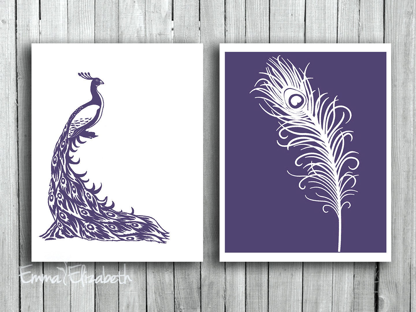 Peacock Wall hanging Feather art print Deep Purple Mothers day gift Bird wall decor Modern home decor 8x10 Set Bedroom decor