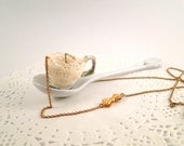 Lace Teacup Necklace - Vintage Copper Chain with Vintage Gold Bow Clasp - 30 inch long necklace