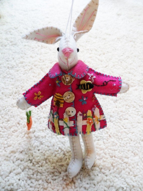 Wool Felt Bunny Plush Ornament with Pink Skirt and Bumble Bee Design on coat Easter Ornament 7.5"