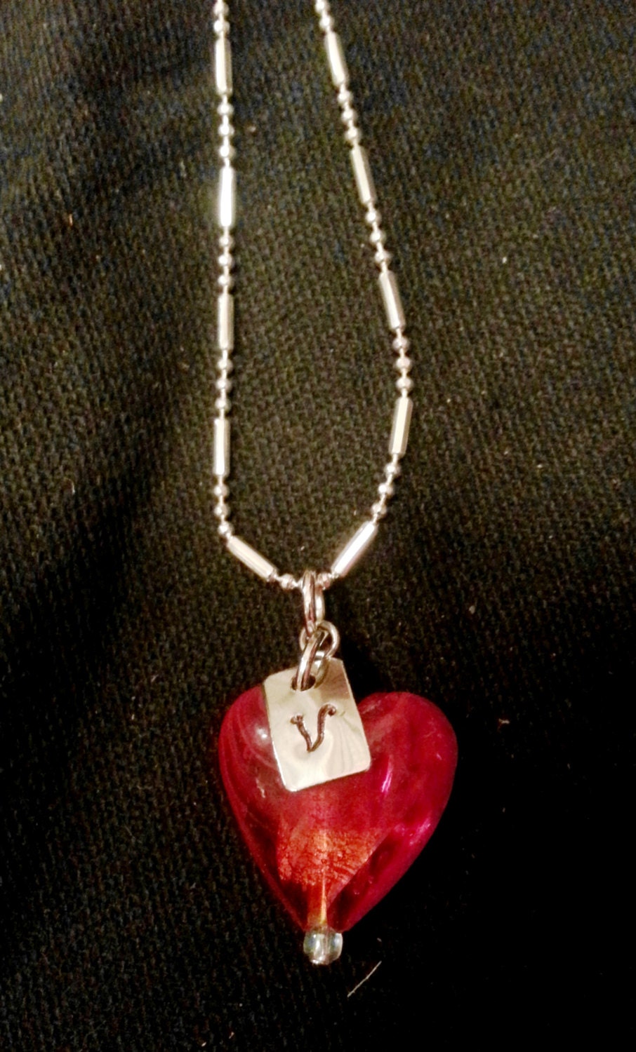 Valentines Red Heart Charm Necklace with stamped metal initial