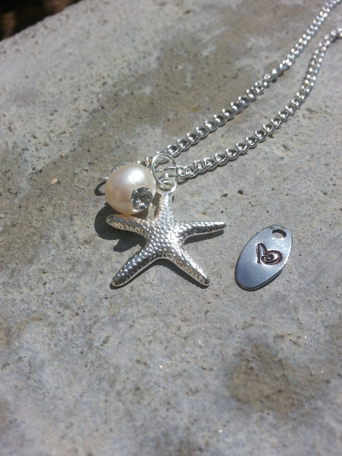Silver Starfish Pearl Crystal Stamped Charm necklace