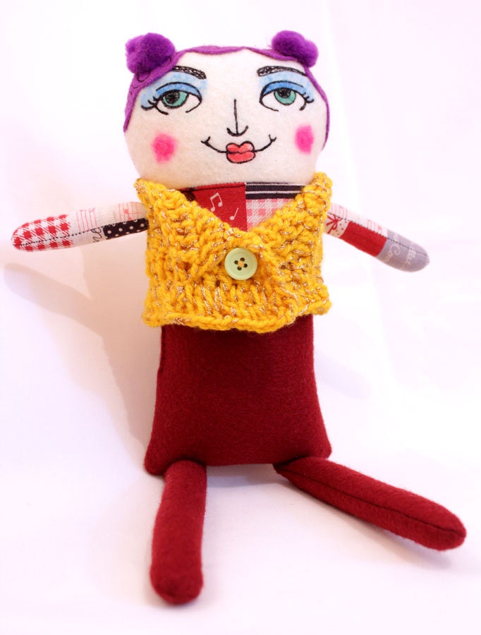 Retro Plush Doll with Cute Crochet Vest - purple / red / yellow cotton & felt
