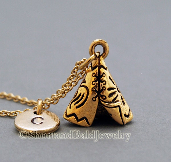 Tipi charm, teepee, tepee, Conical tent, initial, initial hand stamped, 24K yellow gold plated antique pewter, Personalized necklace