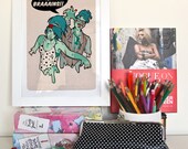 Hipster ZOMBIES - Digital Print - Halloween - Scary Illustration - Funny Print - Green - Brown - Brains - Geekery - Gifts For Him