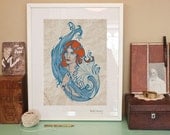 FLORENCE WELCH Portrait Poster - Mermaid - Florence & The Machine - Dream - Art Nouveau Mucha - Nautical Illustration - Red - Blue