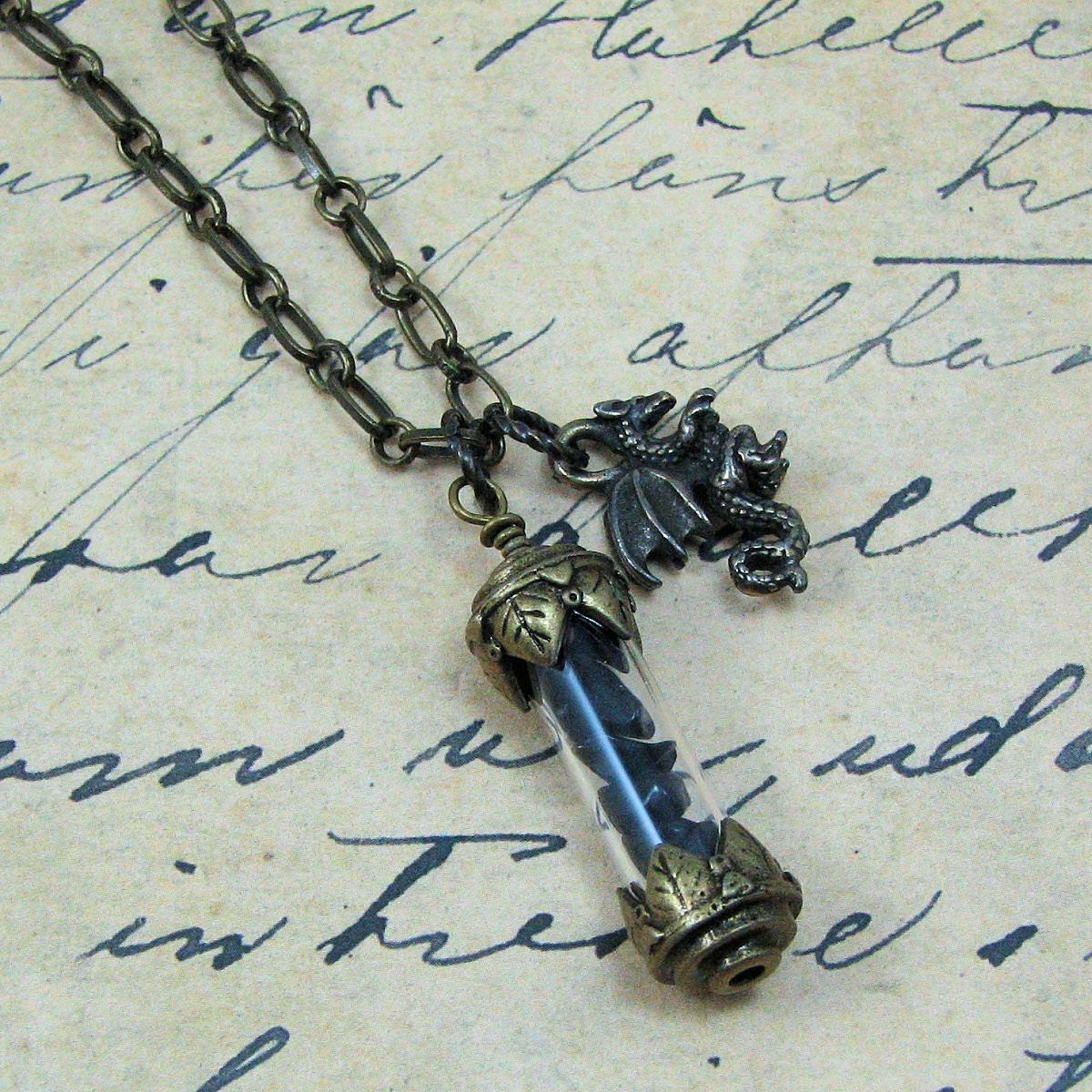 Dragonglass Vial with Dragon Charm on Antiqued Gold Necklace