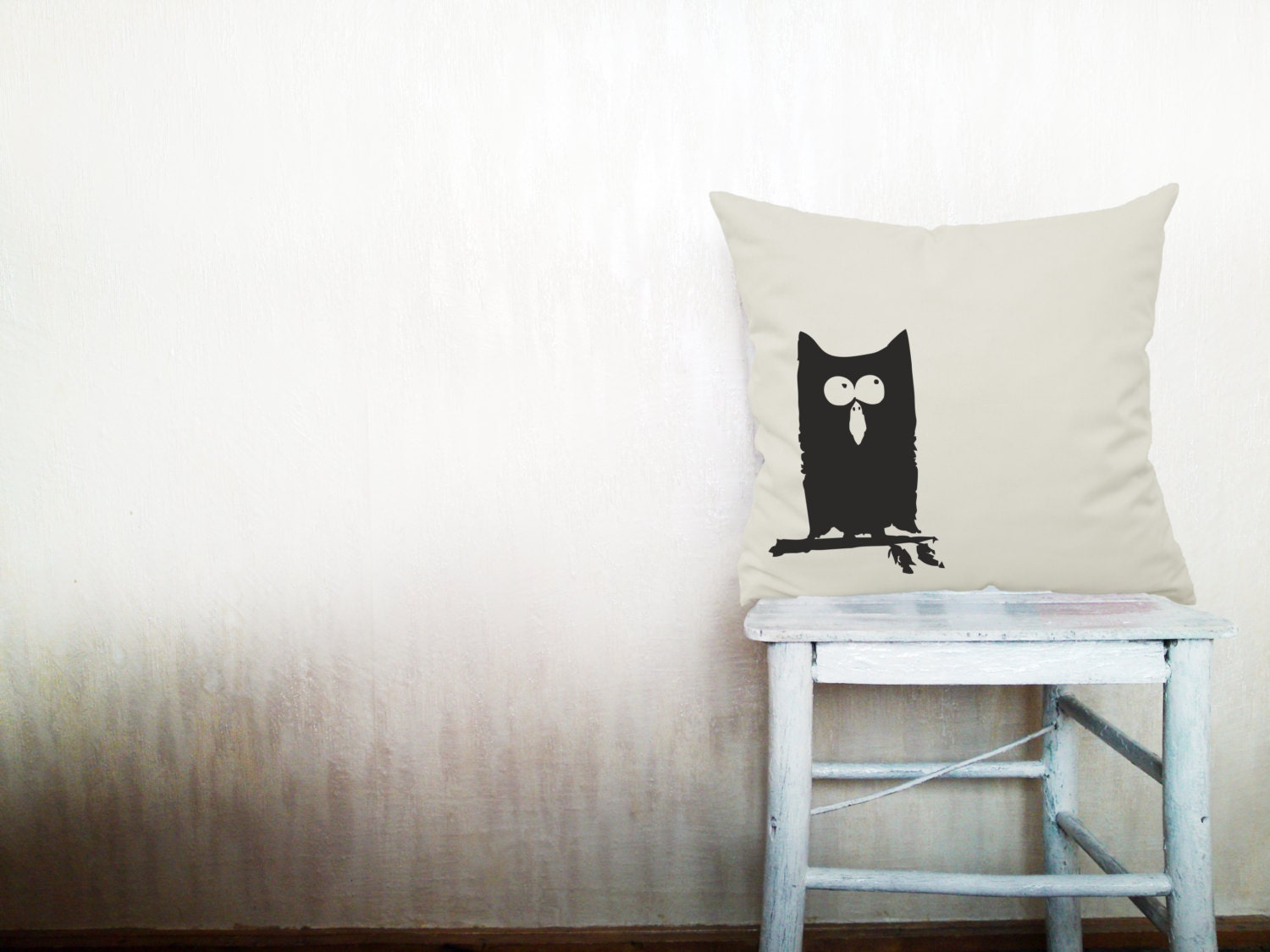 Owl pillow decorative throw pillow cover beige cotton toss bird pillow cover hand painted cover rustic bedding set 18x18 inches ohtteam