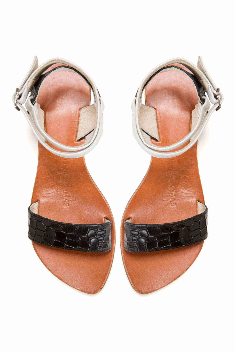 Womens Black Snake Print Leather Sandals with Ankle Strap // US sizes 6-10