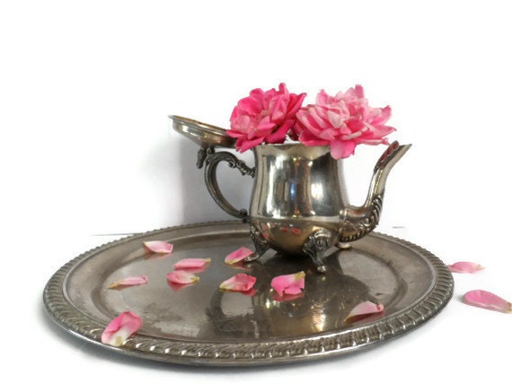 Vintage Romantic Tea Kettle and Tray / Wedding Centerpiece / Home Decor
