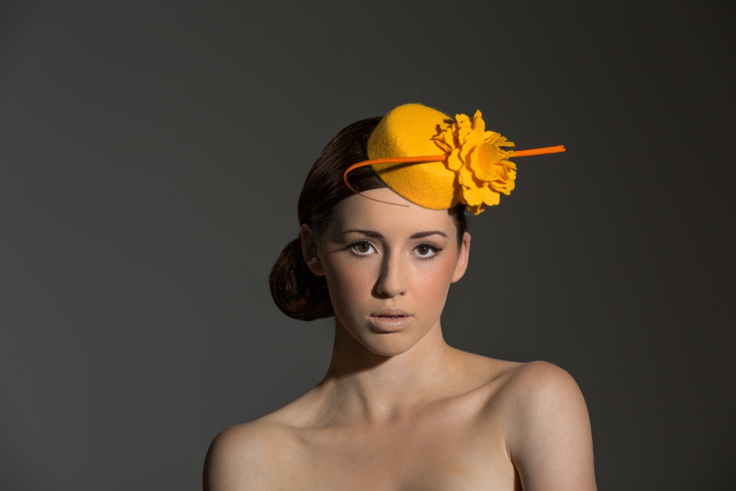 Mandarin Orange Felt Pillbox Hat with Felt Flowers Ostrich Quill, Retro Inspired Rockabilly Burlesque Pin Up