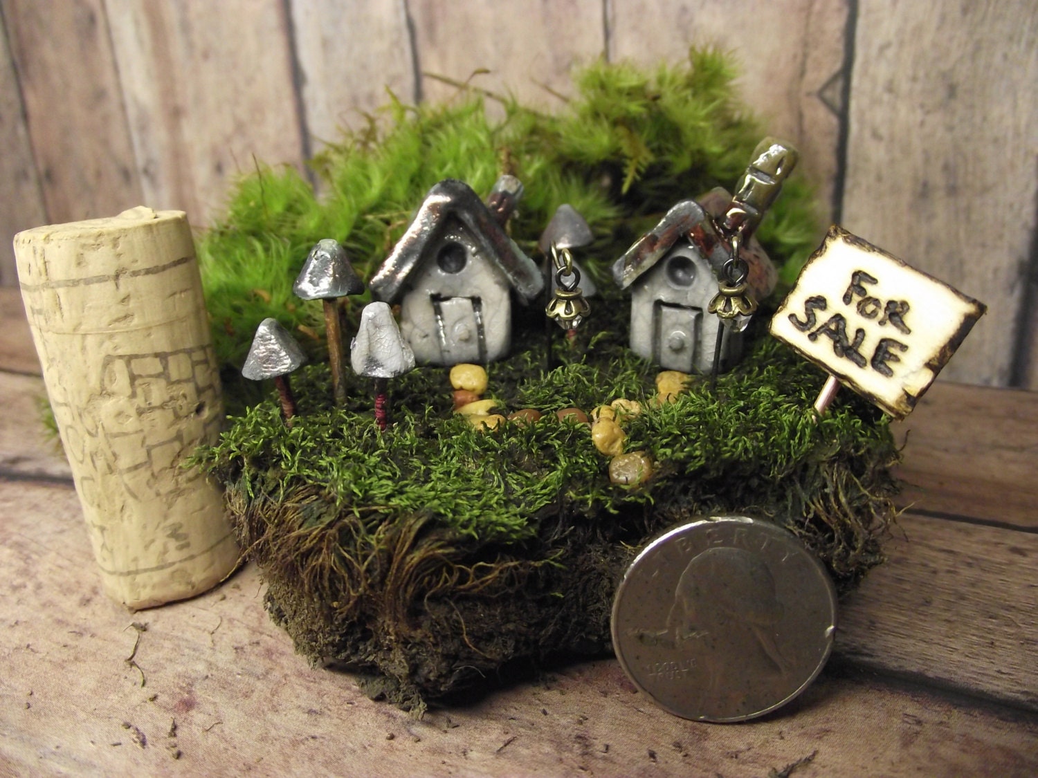 2 Miniature Houses Raku Fired 5 Glow in the Dark Mushrooms and 2 Glow in the Dark lanterns. Terrarium accessories Handmade by Gypsy Raku