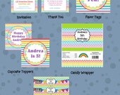 Rainbow Chevron Digital Party Pack 7 items Invitation Thank You Cupcake Topper Favor Tag Water Bottle Labels Banner Candy Wrappers Il_170x135