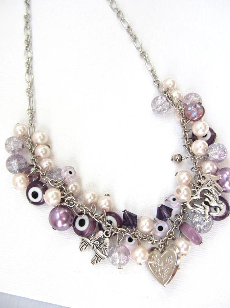 On sale - Purple and pink Pearls necklace - Charms - Bib - Neckalce bridal - Bride - wedding - bridesmaid