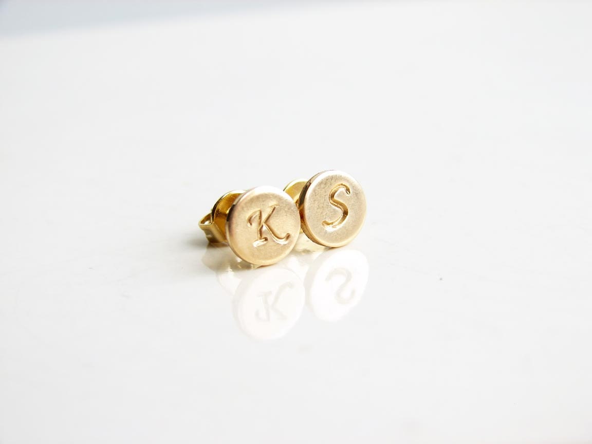 Personalized Stud Earrings. Small Hand Stamped Initial Dot. Gold Brass Earrings. Friendship, Bridesmaid Gift. Simple Modern Jewelry