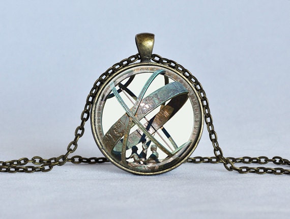 ASTRONOMICAL SUNDIAL Globe Pendant Astronomy Necklace Aqua Bronze Astrological Pendant Vintage Astronomy Jewelry Science Jewelry - ThePendantGarden
