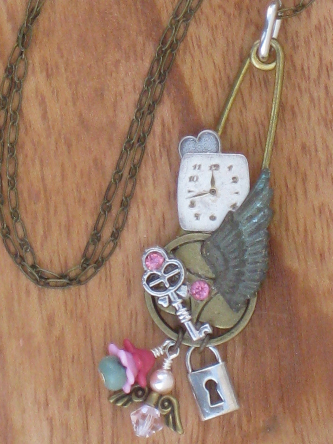 Steampunk "Key to Life" Upcycled Laundry Pin Necklace with Antiqued Brass Angel Wing, Vintage Watchface...