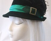 Dark Green Fur Felt Fedora with Black Ostrich Feather, Women's Hat