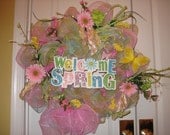 Welcome Spring Deco Poly Mesh Wreath pastels Pink, Blue, Yellow, Green