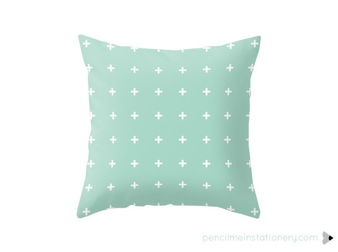 Peach Or Mint  on White Plus Cross Throw Pillow Cover By Pencil Me In // Pastel Home Decor