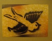 5x7 Traditional Tattoo Style Swallow/Sparrow in Black Stencil Art Spray Painted over a Yellow Background with White Branch and Leaf Print