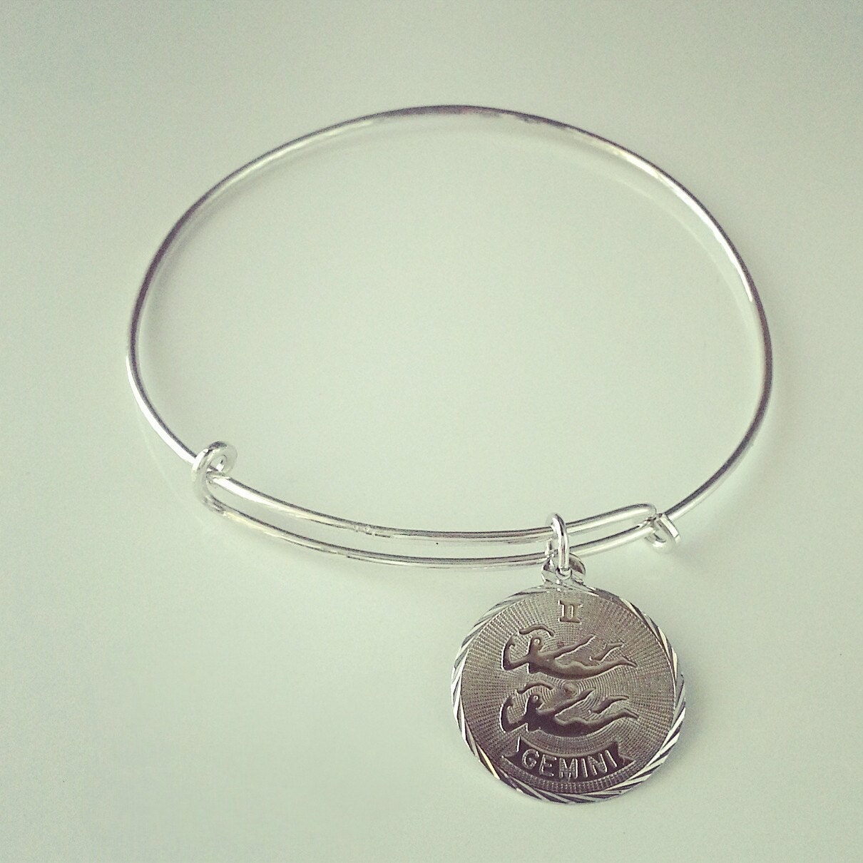 modern sterling silver bangle with gemini zodiac charm - handmade // vintage