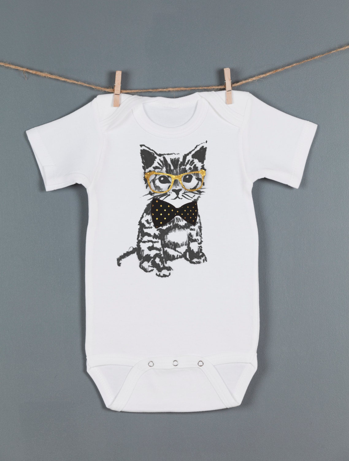 Cat Onesie, Hipster Kitten Onesie, Cute Cat with Bow Tie,Cat Bodysuit Jumper Romper, Unisex Onesies, Great Baby Gift or First Birthday