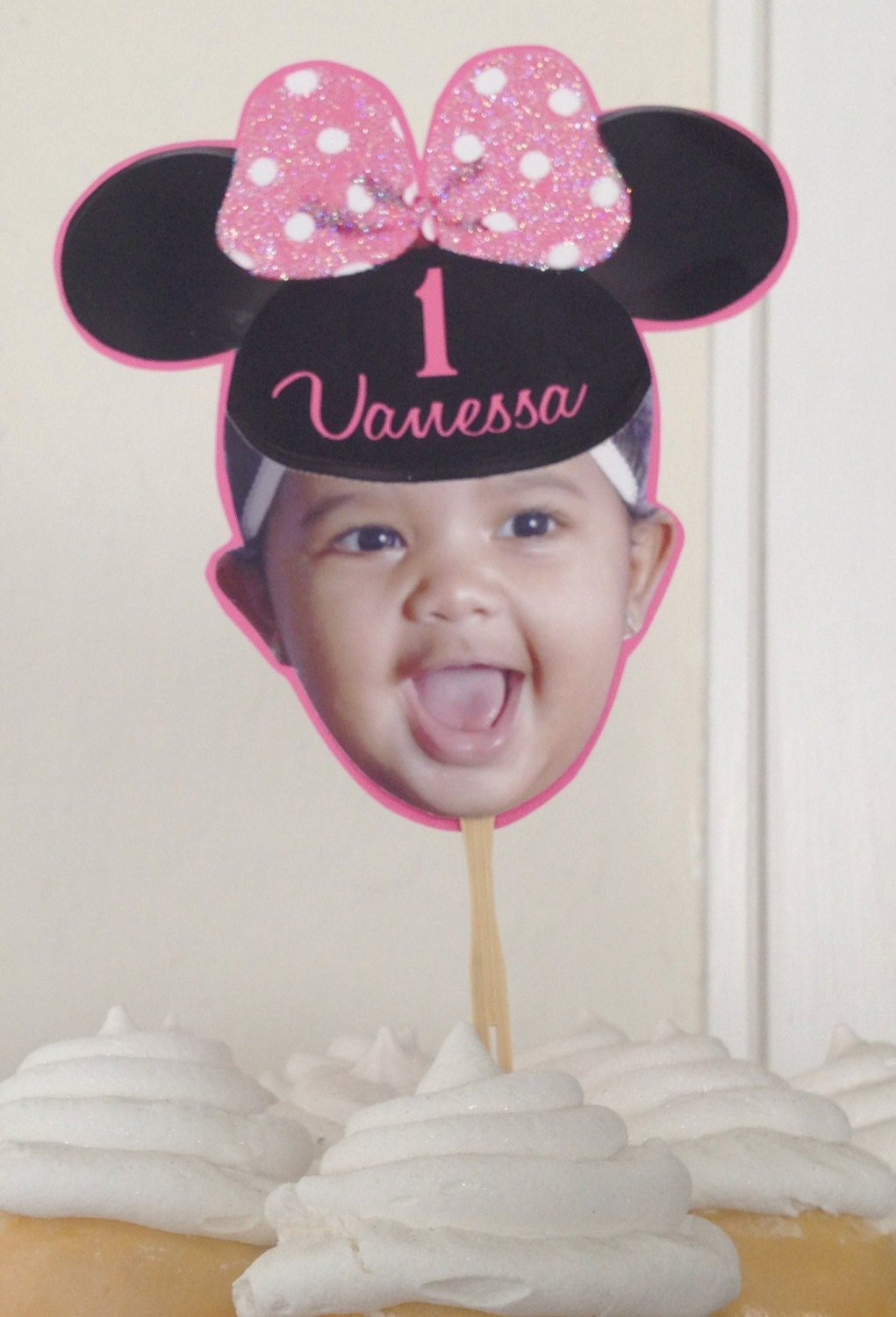 Large glitter mouse hat personalized photo cake topper. 6" set of one.