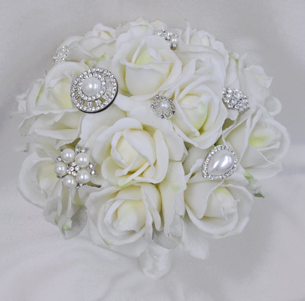 Wedding Brooch Jewel Crystal and Pearl Natural Touch Roses Silk Flower Bouquet