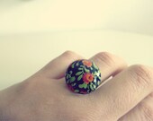 Floral Ring, Adjustable Ring, Flower Ring, Cocktail Ring, vintage ring, bohemian, red, green, black, ring, jewelry. R02