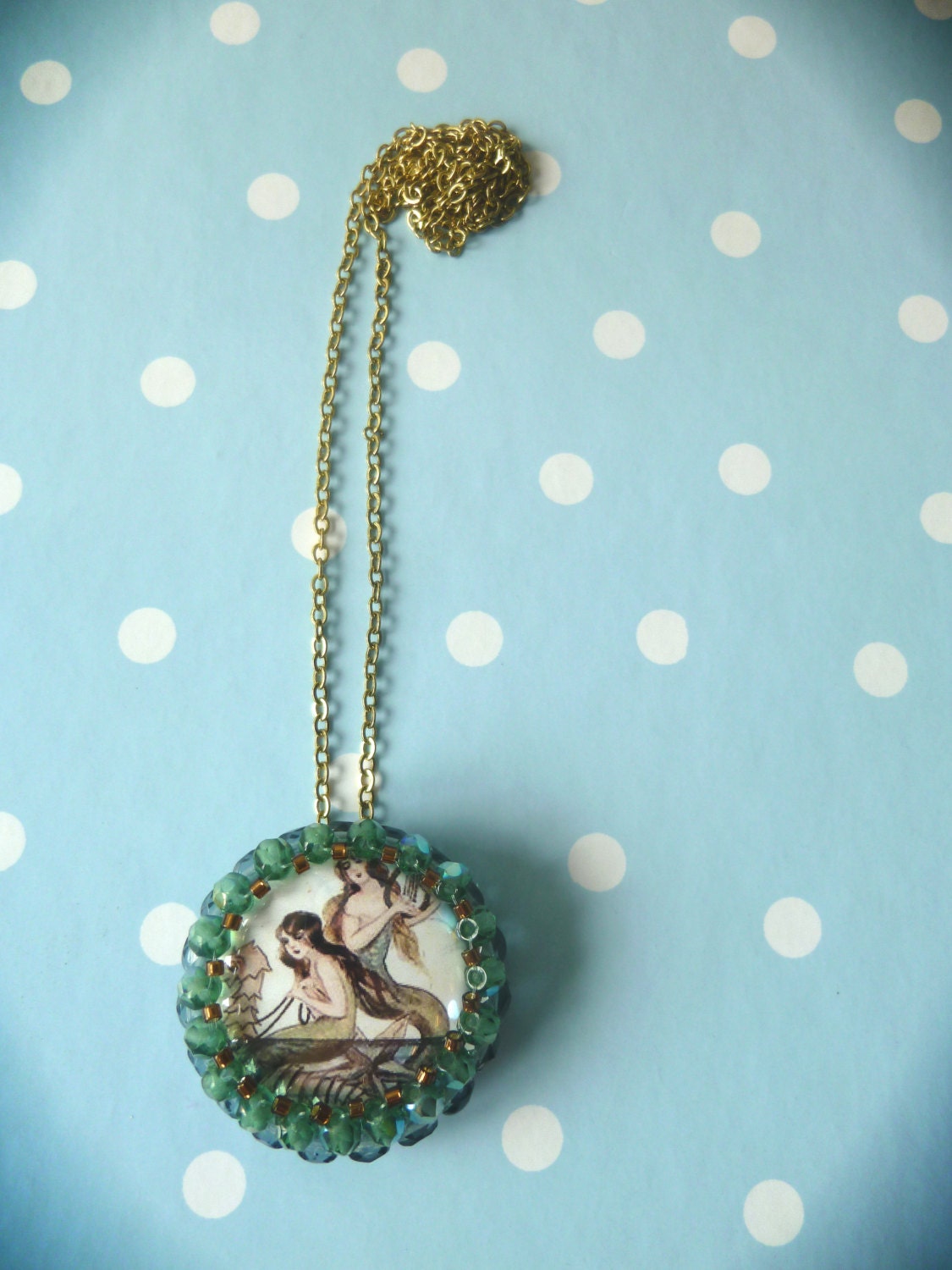 Free Shipping, Mermaid Necklace, OOAK, Whimsical, beadwork, beaded, round, cabochon, Boho Jewelry, siren, green, grey. B02