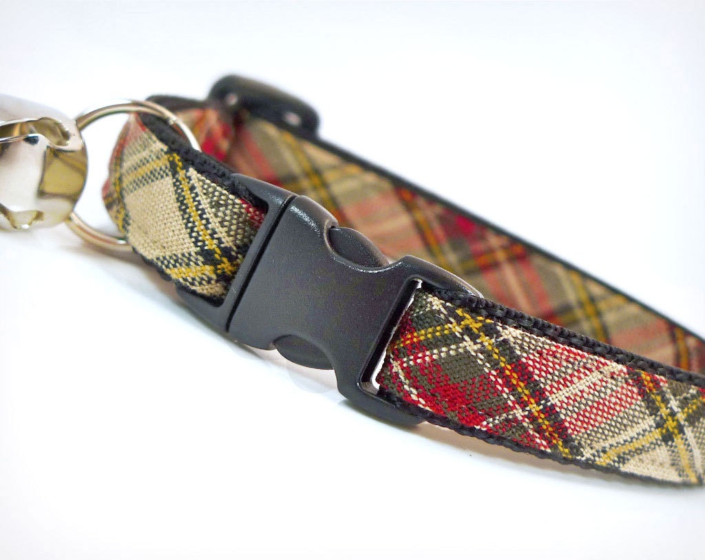 Cat Collar - "Highland Way" - Tartan Red, Black, Tan & Green