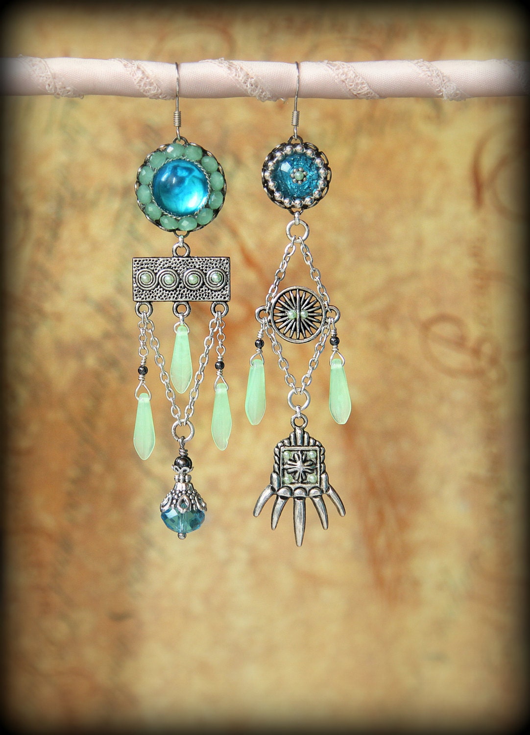 Tribe - mismatch ethnic dangles - tribal style earrings - silver asymmetrical native clan jewelry - ancestral feel uneven mixed chandelier