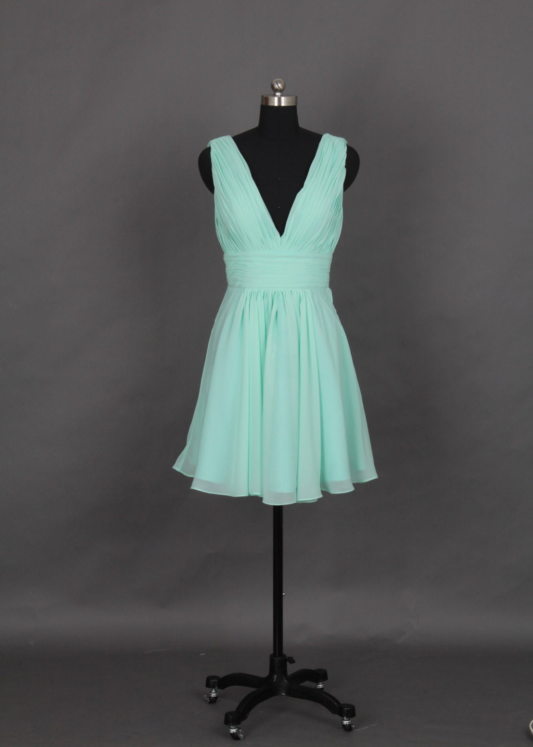 Mint Bridesmaid Dress with Deep V-neck and V-back