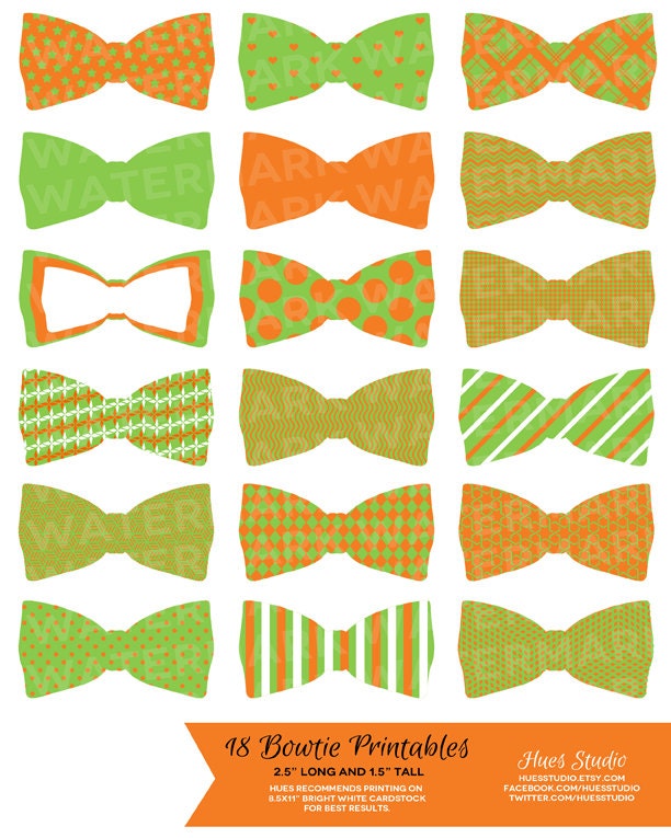 18 Orange Green and White Bowtie Printables : Tags / Labels / Cupcake Toppers / Decor / Clip Art - Hues Studio Il_570xn