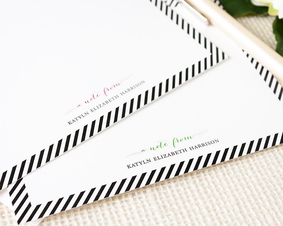 Personalized Notecard Set - Simple Stripe Border - Set of 12 Flat Personalized Stationery / Stationary Cards - classic feminine custom