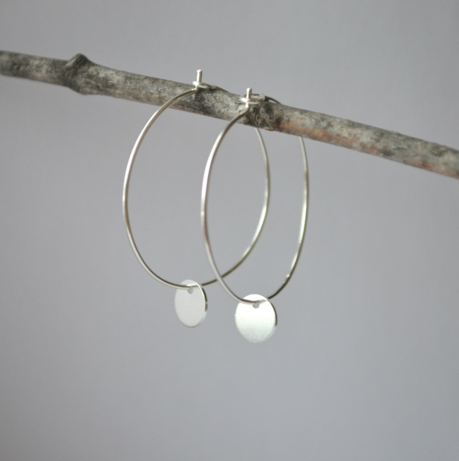 Tiny Silver Dot Hoops - Sterling Silver Hoop Earrings - Everyday Simple Circle Dot Disc Round Dangle Minimalist