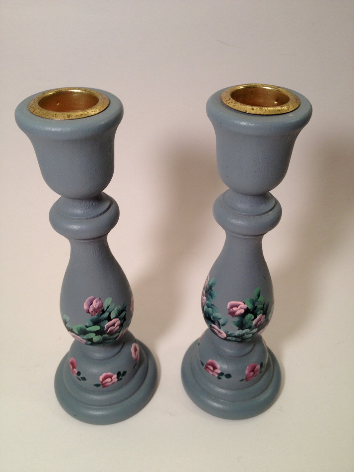 REDUCED Vintage, Cottage Chic, Floral, Painted, Candlesticks, wood, wooden, flower, dining, home decor, housewares, pink, gray, blue, green